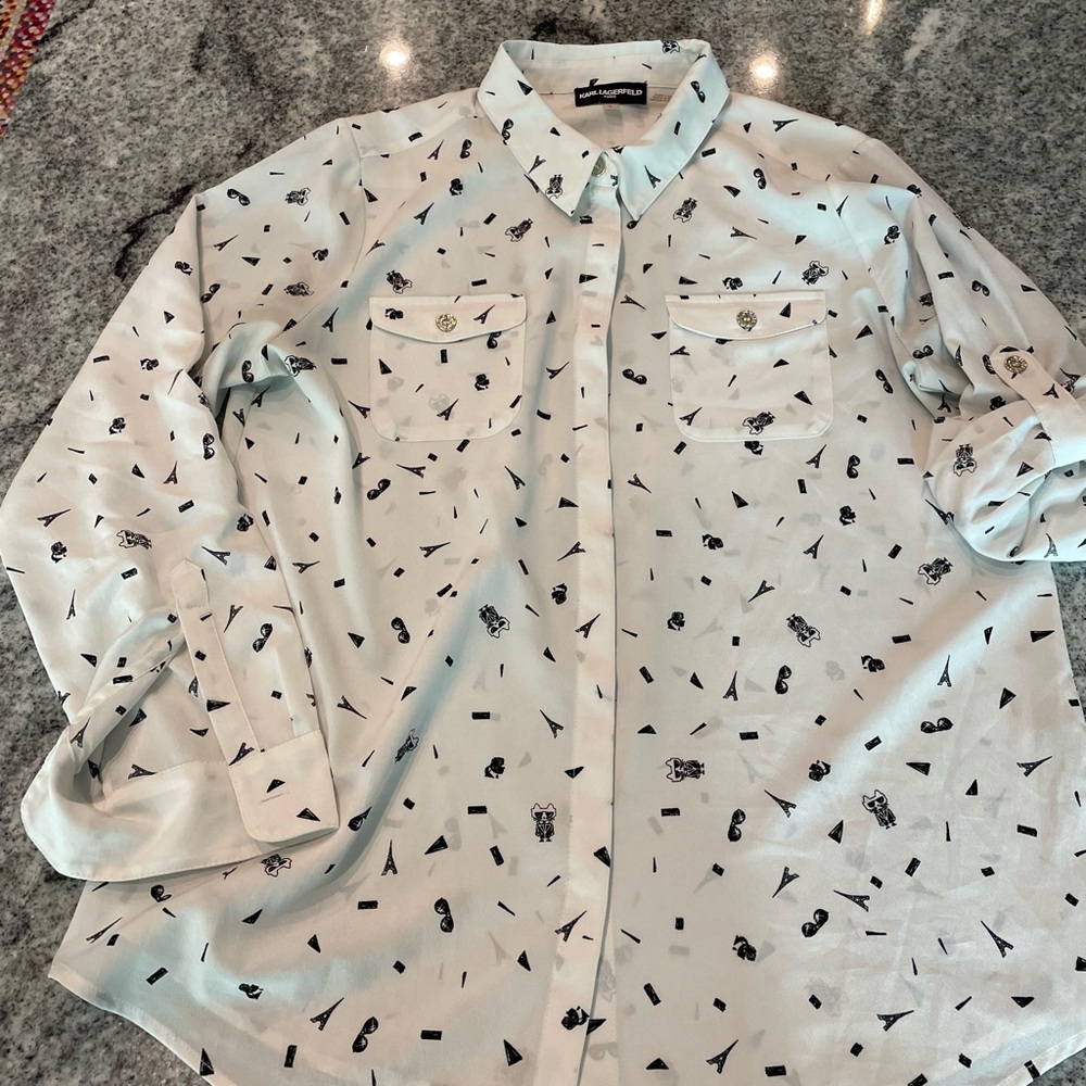 Karl Lagerfeld (L) White Pattern  (Eiffel Tower, Cat, Glasses) button-Up Shirt